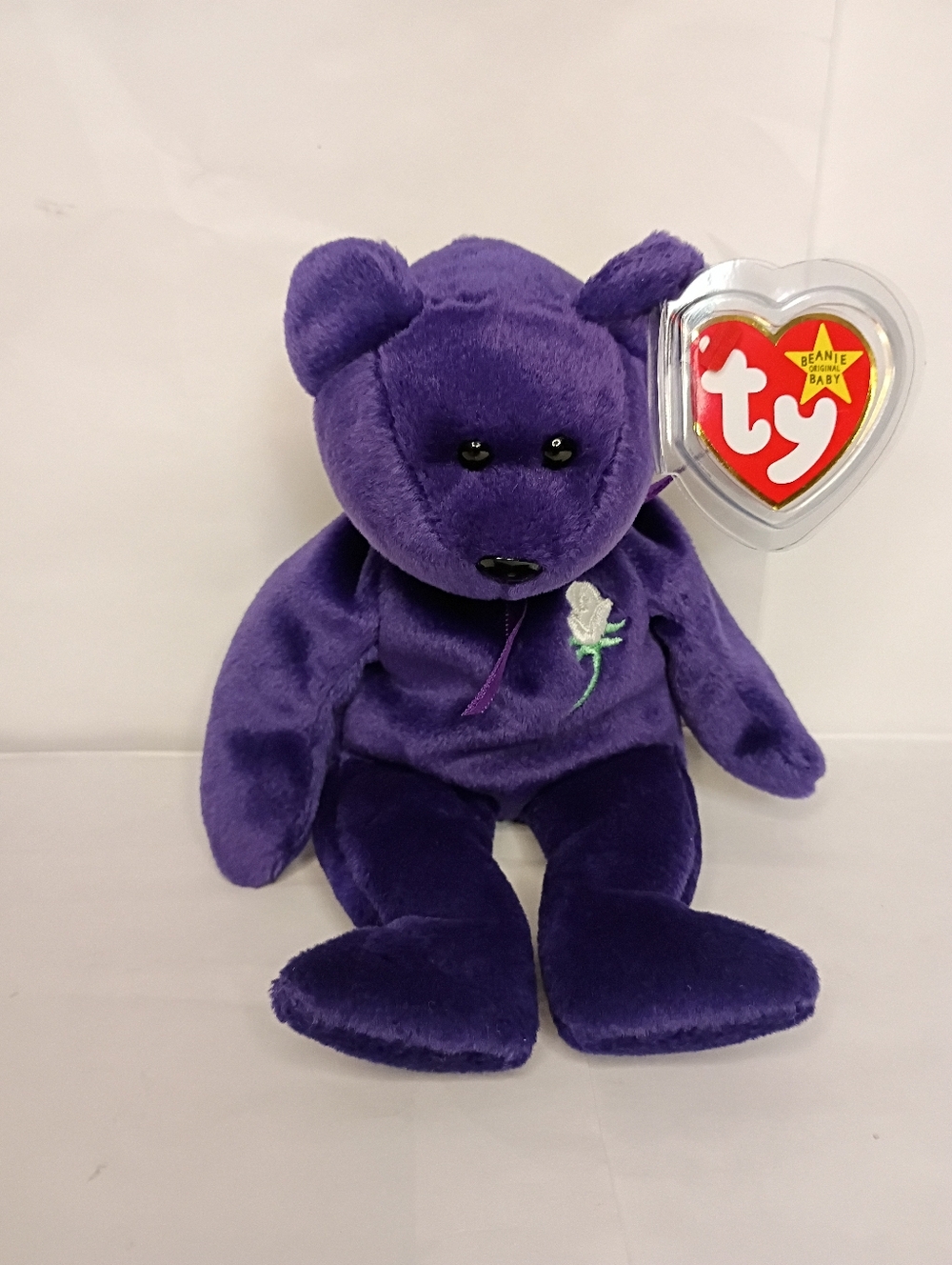 Ty Purple Beanie Baby Bear with White Rose Embroidery